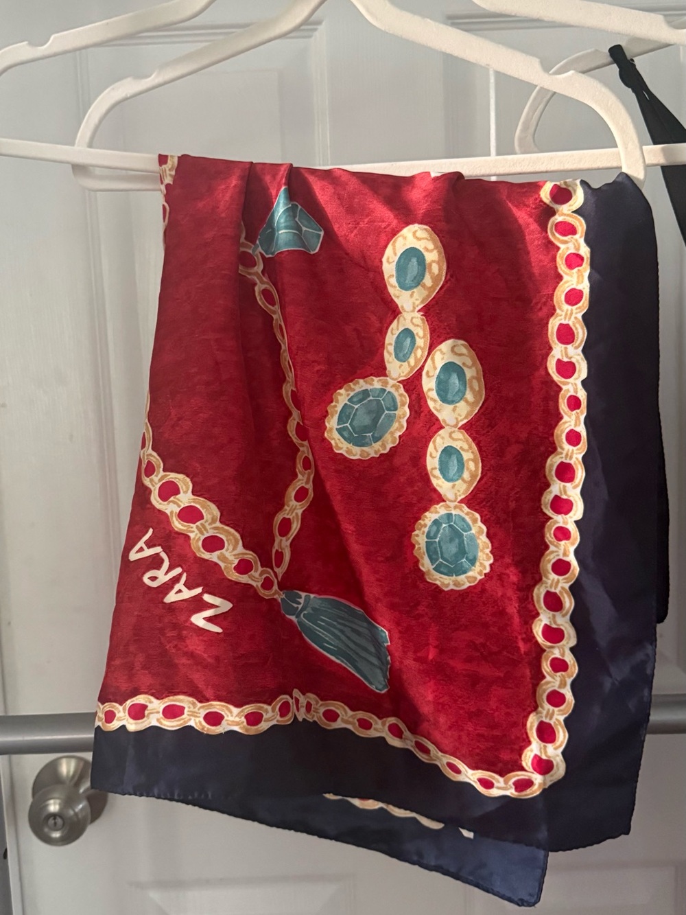Zara Red, Navy & Turquoise Jewel-Print Silk Scarf